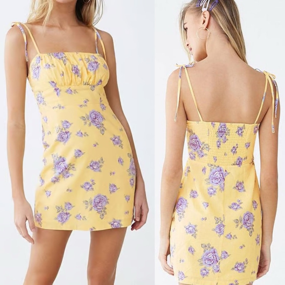 Forever 21 Dress Milkmaid Yellow Cream Floral Size Small Mini Tie Straps Shirred
